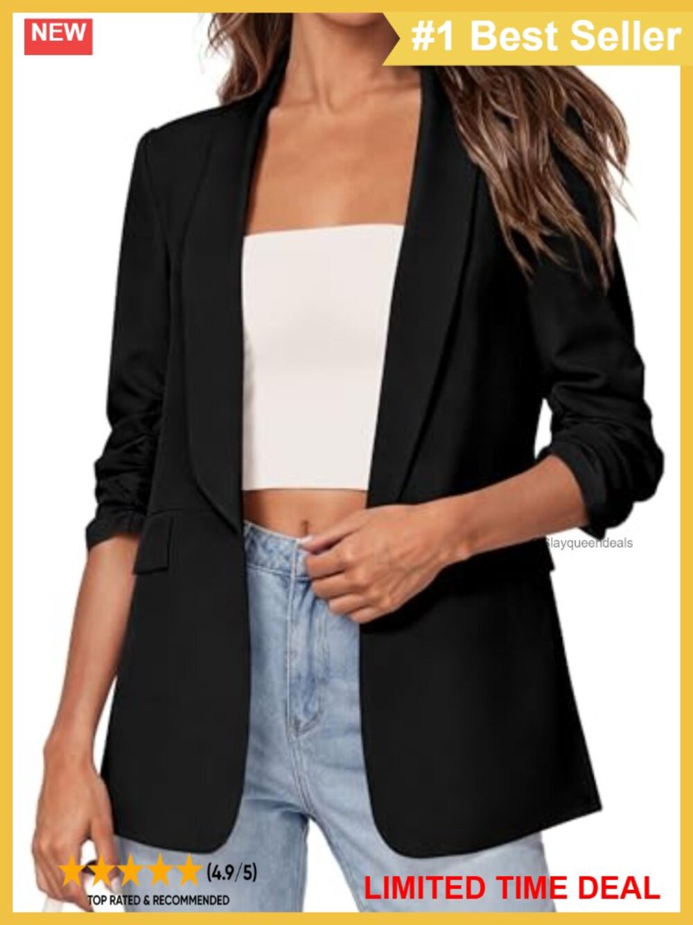Lightweight Ruched 3/4 Sleeve Blazer Shawl Lapel Business Casual